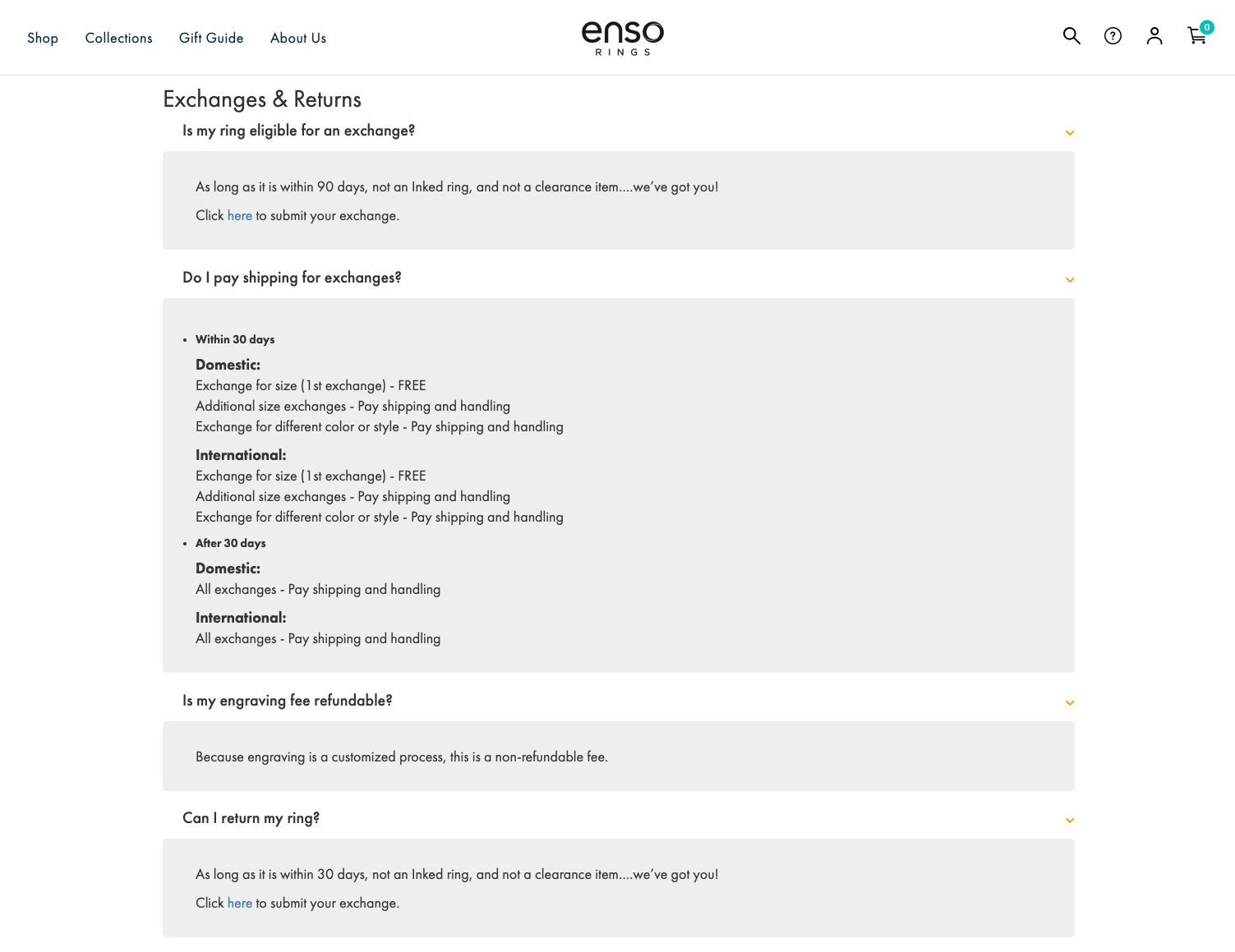 Ecommerce Returns Policy Example from Enso Rings